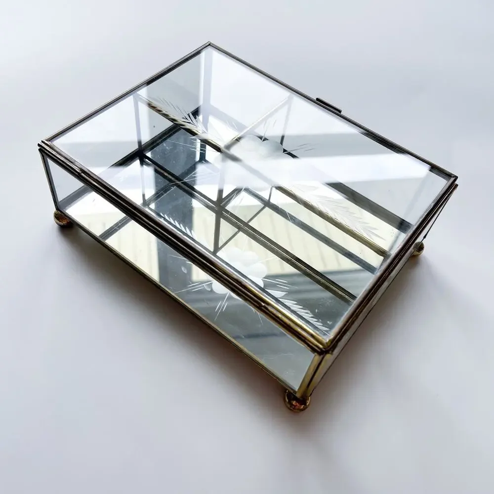 Vintage Brass Etched Glass Mirrored Footed Jewelry or Trinket Box Hinged Lid